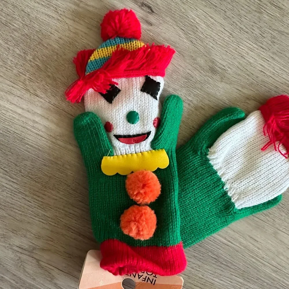 Vintage Early 1980s Multicolored Knit Clown Mittens NEW Old Stock with Kmart Tag